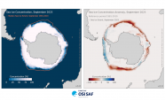 Two maps displaying Antarctic Sea Ice situation for september 2023. On the left one is displayed the monthly average sea ice conctration as well as a line displaying the median sea-ice extent for september from 1981-2010. On the right is display a vizualisation of the sea ice concentration anomaly for the month.