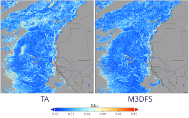 sea surface temperature gradient magnitudes over over the NW coast of Africa, left is with time average, right using M3DFS.