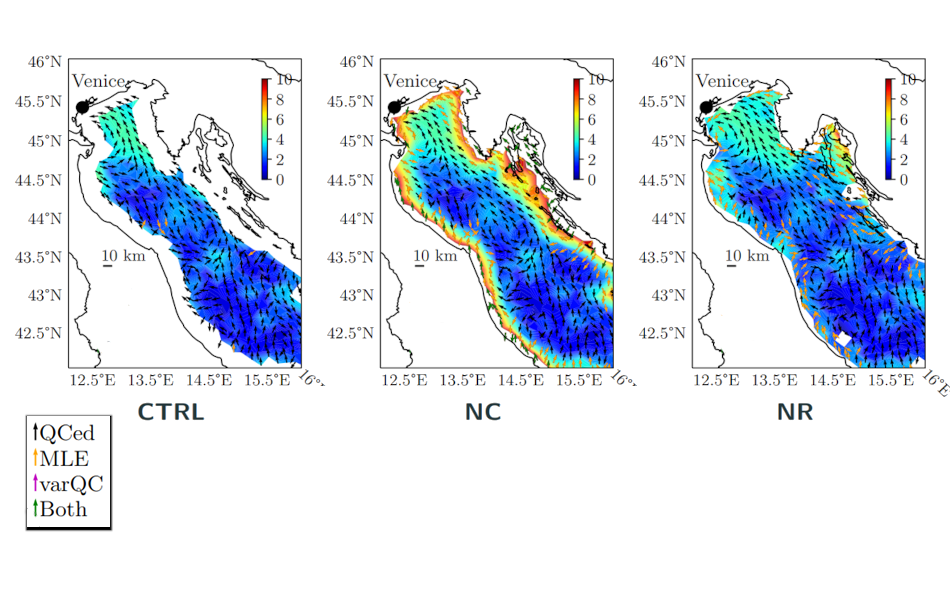 Result of three sea-wind retrieval experiments over the North Adriatic with and without noise regularization.
