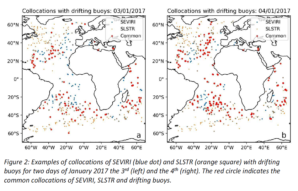 Examples of collocations of SEVIRI (blue dot) and SLSTR (orange square) with drifting buoys for two days