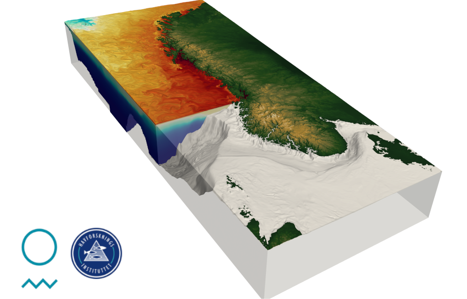 Rendering of the Norkyst model data (bathymetry and temperature).