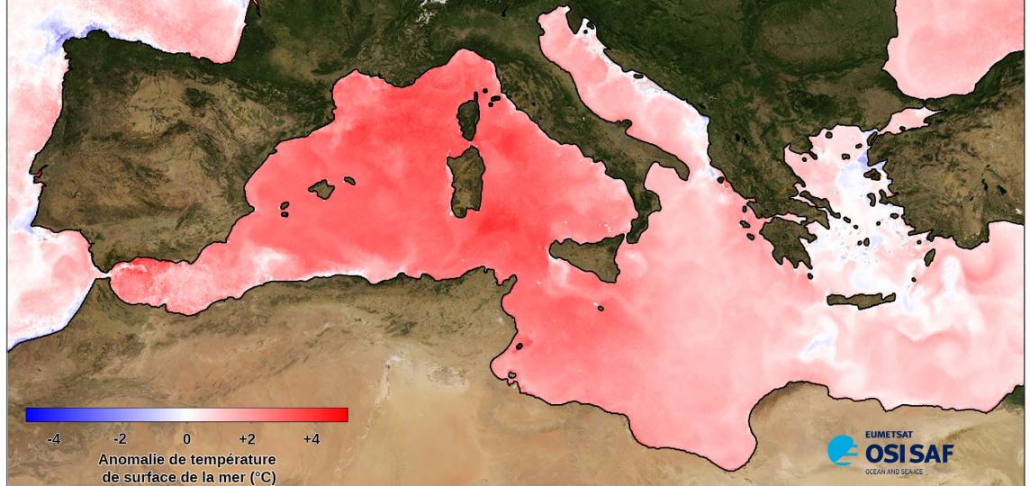 Sea Surface Temperature anomalies in August 2022: OSI SAF Metop-B SST compared to a climatology (OSTIA 1985 - 2007)