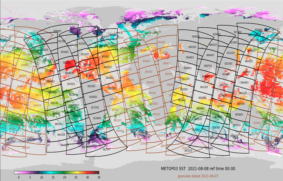 Location and reference number of each granule of sea surface temperature from AVHRR for Metop-C over half a day.