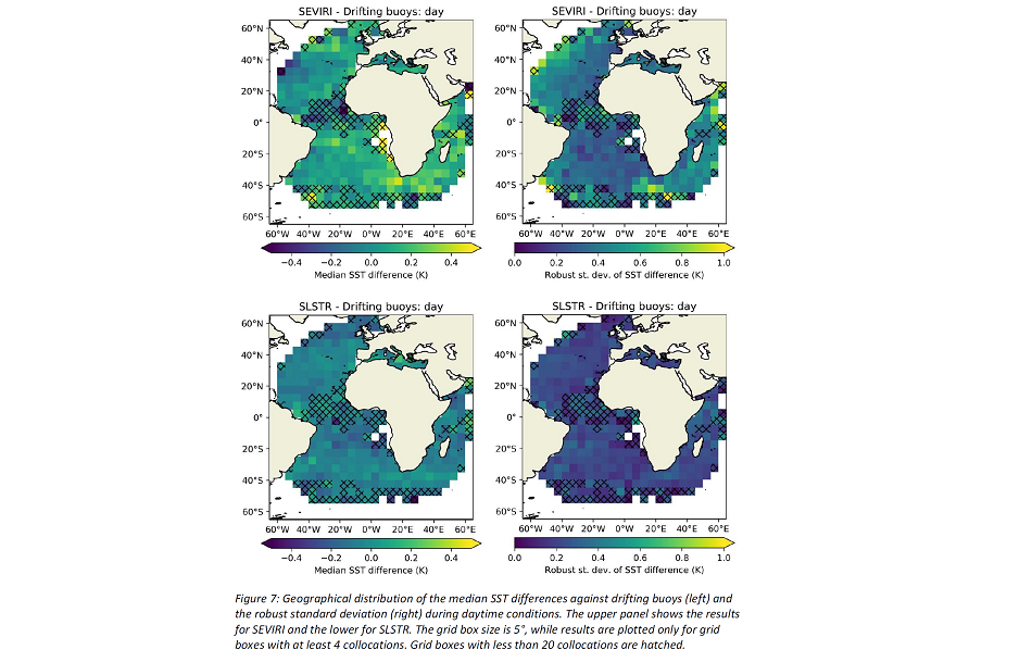 Geographical distribution of the median SST differences against drifting buoys (left) and the robust standard deviation (right) during daytime conditions.