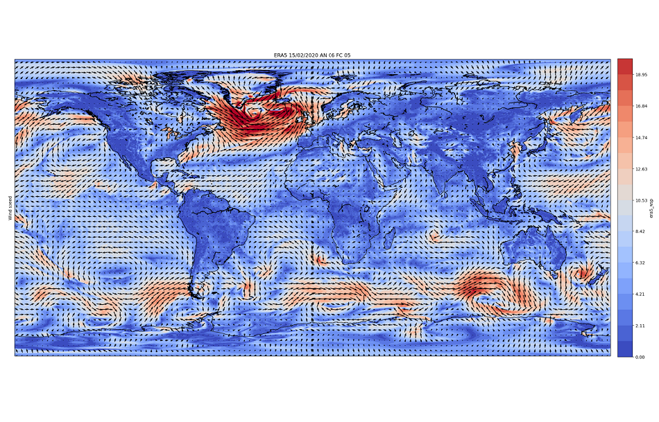 ERA5 stress-equivalent wind field for 15/02/2020 11:00 UTC, the +5h forecast from the 06:00 analysis